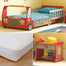 fire Engine Bed, Bedside Table and Pocket Sprung Cool Flow Mattress - SAVE andpound;25