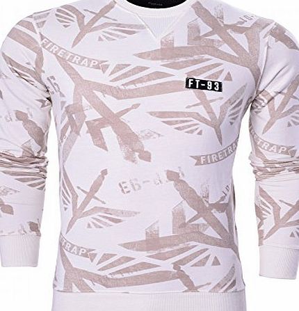 Firetrap Mens Designer Crew Neck Signature Shadow Print Sweatshirt Jumper Top -Cream Blue Grey Medium Cream