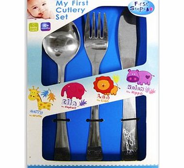 ``My First Cutlery Set`` including Knife, Fork amp; Spoon in Stainless Steel with Cute Animal Print 12m+