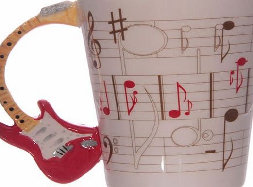 Fish Around Red Stratocaster Guitar Mug, With Shaped Handle and Sheet Music Design