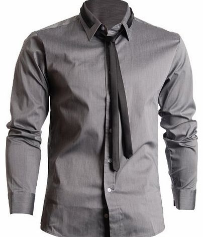 Mens Slim Fit Dress Shirts with Tie (SH107) Grey, XL