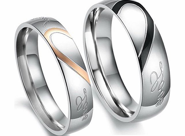 Flongo Stainless Steel ``Real Love`` Couples and Lovers Mens Heart Shape Engagement Rings Wedding Bands, Colour Silver Gold Black (with Gift Bag), Size P