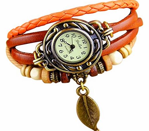  Man or Womans Orange Leather Bracelets, Wrist Watch, Design with Leaf. Length: 18cm - 20cm