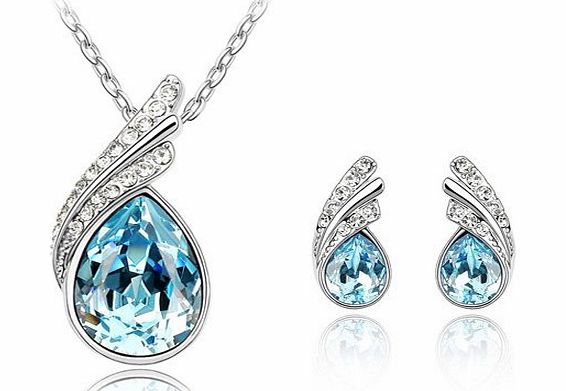 Floray New Arrival Floray Women Aquamarine Water-drop Pendant Necklace and Stud Earring Jewellery Set,SWAROVSKI ELEMENT,Platinum Plated.Free Blue Gift Box.Beautiful and Special Gift for Women or Girls.Chain 