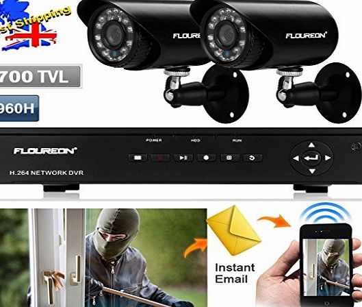 FLOUREON Professional 1 X 4CH 960H H.264 HDMI DVR   2 X Outdoor IP66 Waterproof 700TVL IR-Cut CMOS Camera Security Kit UK (Black Camera)