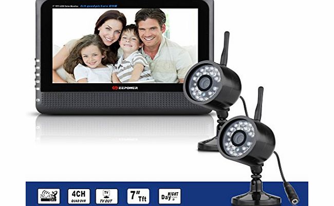 FLOUREON SEEPOWER Outdoor Digital Wireless 2 CCTV Camera System 7`` LCD Baby Monitor DVR Record to SD TF