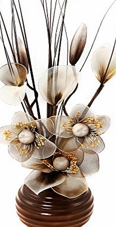 Flourish 704681 813 Brown Vase with Brown and Cream Nylon Artificial Flowers in Vase, Fake Flowers, Ornaments, Small Gift, Home Accessories, 32cm