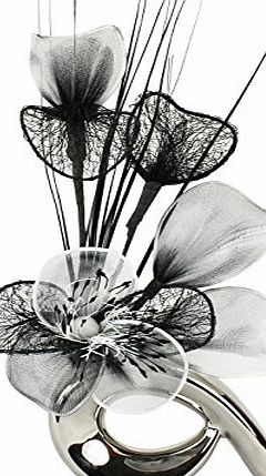 Flourish 798543 QH1 Silver Vase with Black and White Nylon Artificial Flowers in Vase, Fake Flowers, Ornaments, Small Gift, Home Accessories, 32cm