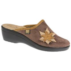 Fly Flot Female Poinsettia Textile Upper Leather Lining Comfort House Mules and Slippers in Black, Blue, Burgundy, Coco