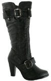 New Black Leather Style Wide Calf Heel Buckle Boots - UK 4