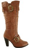 New Brown Tan Leather Style Wide Calf Heel Buckle Boots - UK 4