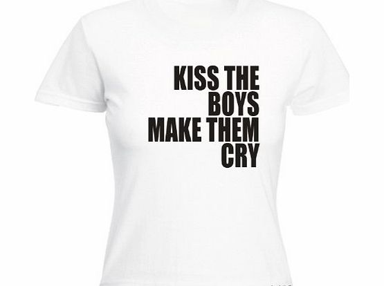 LADIES KISS THE BOYS MAKE THEM CRY (M - WHITE) NEW PREMIUM FITTED T SHIRT - Slogan Funny Clothing Joke Novelty Vintage retro top Ladies Lady Womens Girl tshirt Tees Tee t-shirts shirts celebrity Fashi