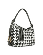 Black and White Houndstooth Woven Leather Tote Bag
