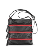 Black Zippered Italian Leather Flat Shoulder Bag