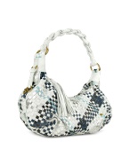 Blue and White Woven Leather East/West Hobo Bag
