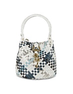 Blue and White Woven Leather Mini Bucket Bag