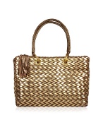 Brown and Gold Woven Italian Leather Large Tote Bag