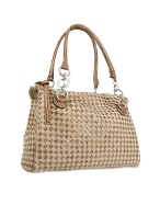 Brown Leather and Canvas Woven Large Satchel Bag