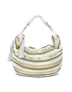 Cream Leather Striped Suede Gusset Hobo Bag