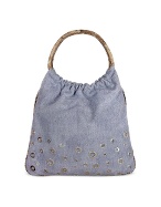 Grommet Denim and Leather Large Tote Bag