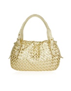 Ivory and Gold Woven Italian Leather Large Satchel Bag