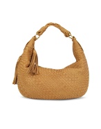 Tan Washed Woven Leather Gusset Hobo Bag