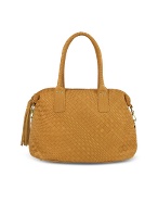 Tan Washed Woven Leather Large Satchel Bag