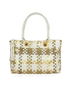 White and Gold Woven Italian Leather Large Tote Bag