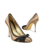 Forzieri Black Bow Taupe Satin and Leather Pump Shoes