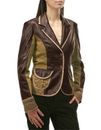 Brown and Olive Leather and Cotton Blazer