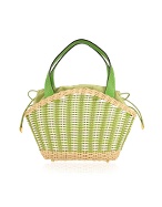 Capaf White and Green Wicker and Leather Bucket Bag