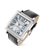 Forzieri Caveau - Silver Dial Croco Stamped Leather Date Watch
