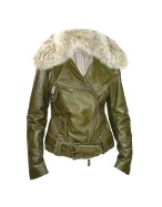 Detachable Fur Collar Green Patent Leather Motorcycle Jacket
