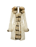 Ivory Fox Fur-Trim Long Hooded Coat