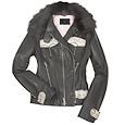 Women` Black Leather and Fox Fur-Collar Jacket