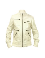 Women` Cream Leather Bomber Jacket