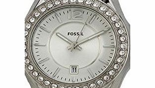 Fossil Ladies Mini Riley Watch Es2879 With Silver Coloured Dial, Stone Encrusted Topring, Stainless Steel Case And Bracelet