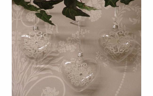 Four Seasons Liverpool Set of Three christmas Xmas Tree Hearts Shaped Glass with Flower and Diamonte Detail Baubles Decorations