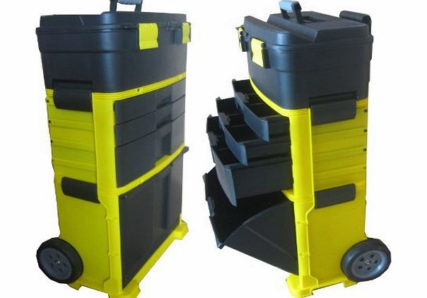 FoxHunter Mobile Work Shop 3 Compartments Chest Trolley Cart Storage Tool Box Plastic Toolbox With Drawers Wheel Black and Yellow New