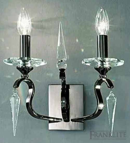 Black chrome finish 2 light wall bracket with icicle shaped glass drops and cut glass candle pans