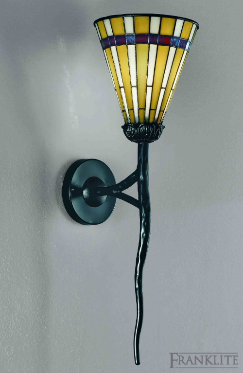 Franklite Black ironwork torchere style wall bracket with Tiffany glass shade