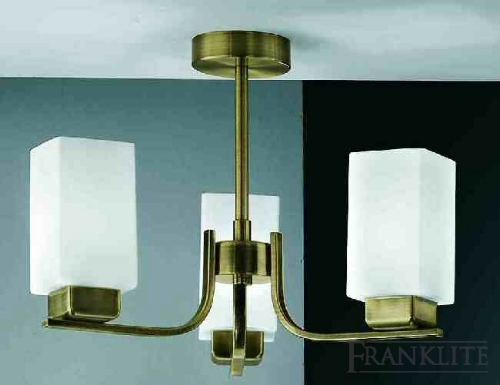 Franklite Brushed bronze finish 3 light fitting with square matt opal glasses.