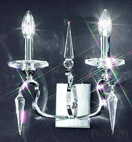 Chrome finish 2 light wall bracket with icicle shaped glass drops and cut glass candle pans