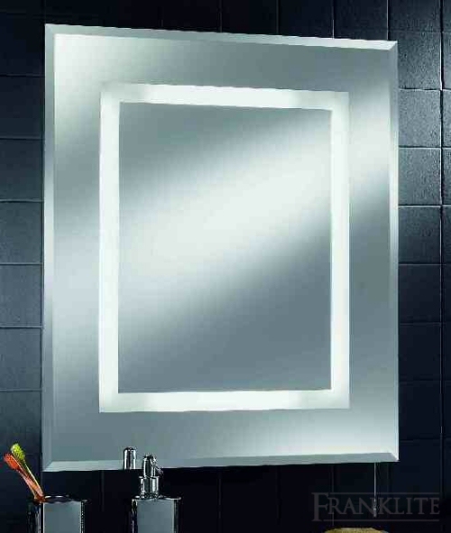 Illuminated low energy bevel edged bathroom mirror with pull switch and shaver socket.