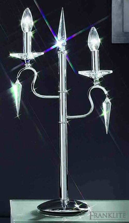 Franklite Kazan Chrome finish 2 light table lamp with icicle shaped glass drops and cut glass candle pans.