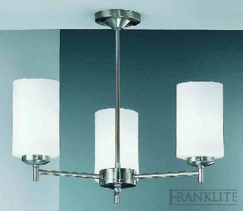 Franklite Matt nickel finish 3 light fitting with opal cylinder glasses. Supplied complete with 13w 4-pin ener