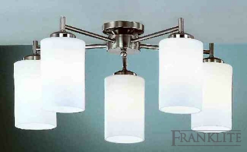 Franklite Matt nickel finish 5 light fitting with opal cylinder glasses. Supplied complete with 13W lamps.