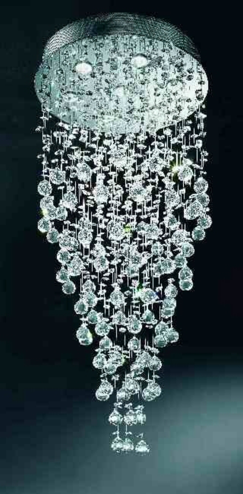 Franklite Modern chandelier comprising faceted lead crystal spheres on chrome finish metalwork. Overall height