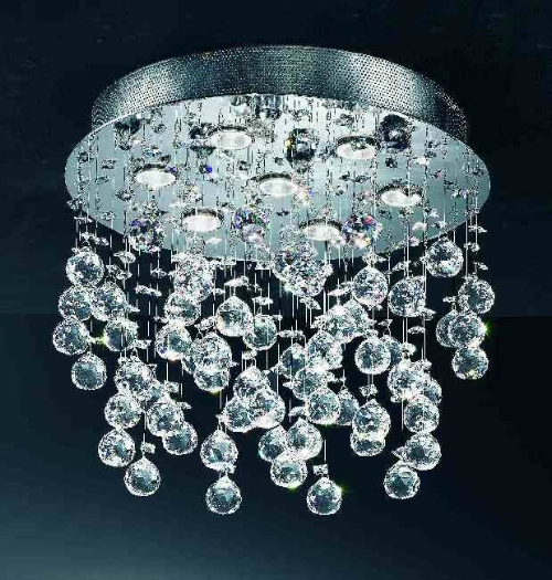 Franklite Modern flush fitting chandelier comprising faceted lead crystal spheres on chrome finish metalwork