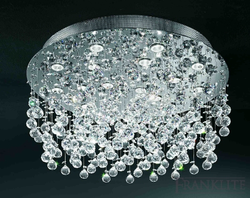 Franklite Modern flush fitting crystal chandelier comprising faceted lead crystal spheres on chrome finish met